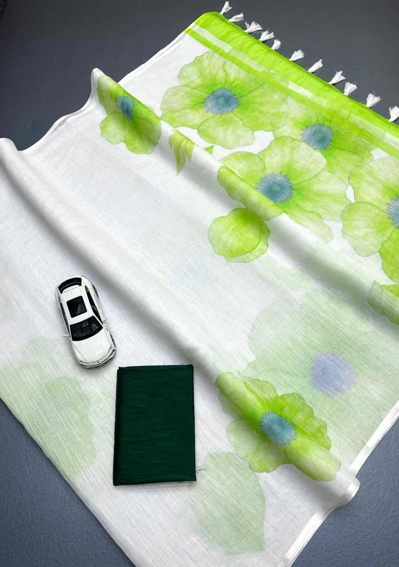 White Printed Linen Saree Set - Indya