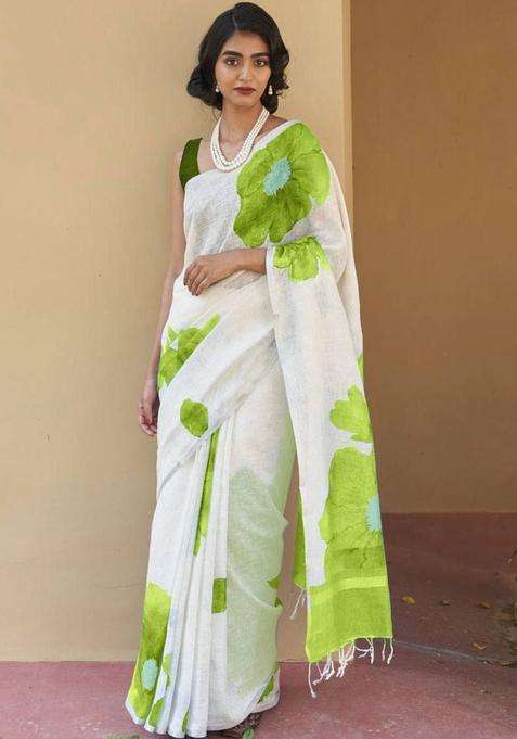 White Linen Saree Set with Printed for Diwali | Wedding & Festive Wear