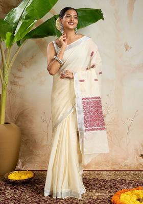 Off White Woven Design Cotton Saree Set