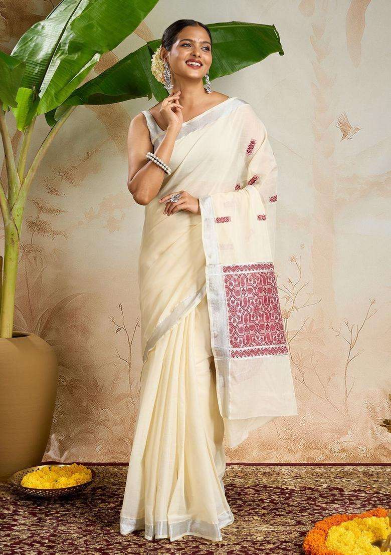 Off White Woven Design Cotton Saree Set for Diwali and Festive Wear - Indya