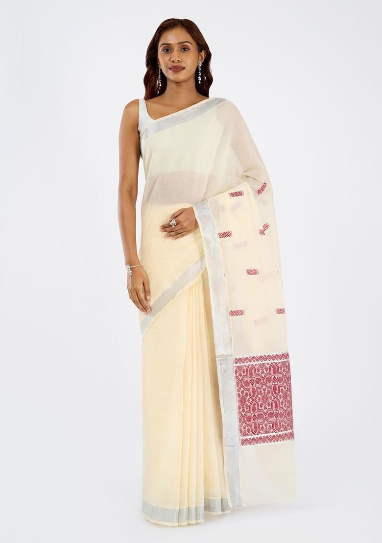 Off White Woven Design Cotton Saree Set - Indya