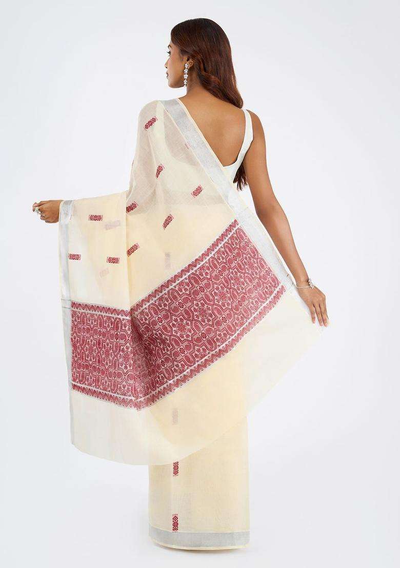 Off White Woven Design Cotton Saree Set for Diwali and Festive Wear - Indya