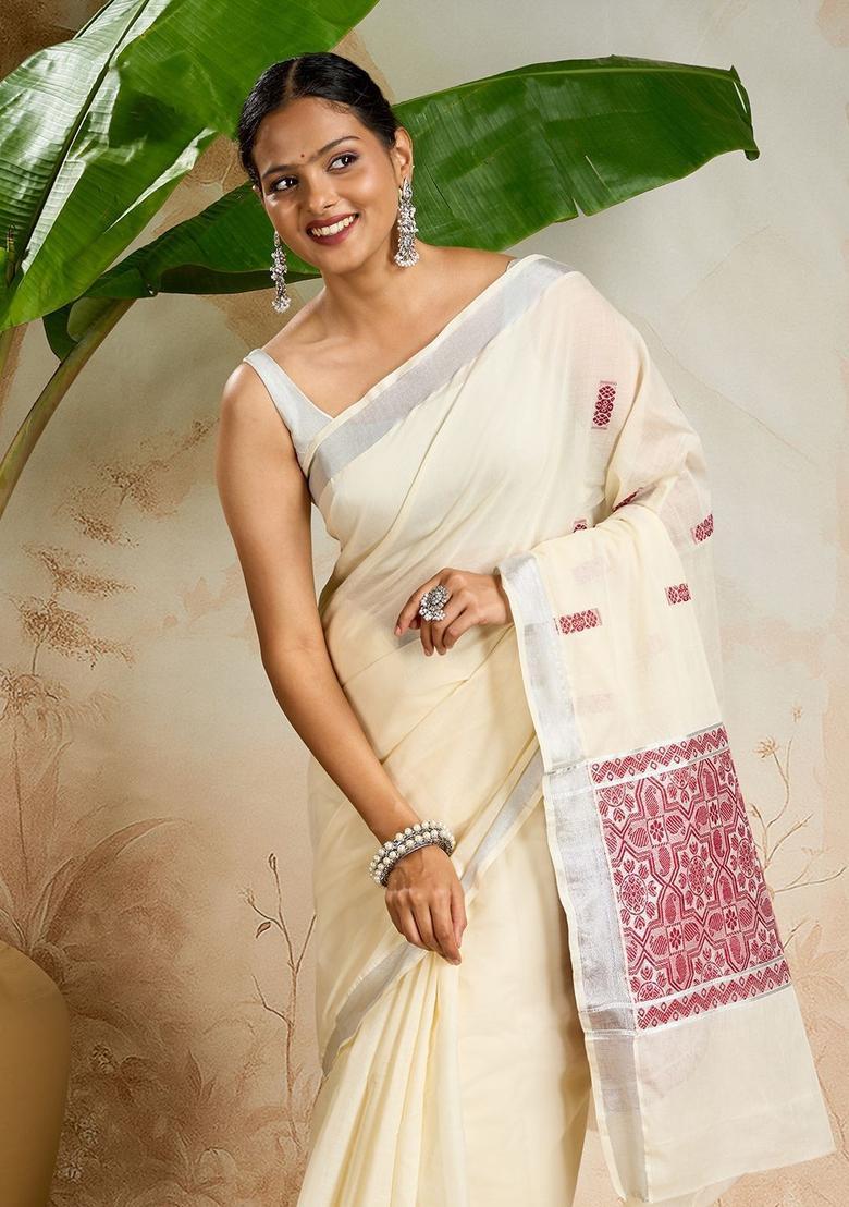 Off White Woven Design Cotton Saree Set - Indya