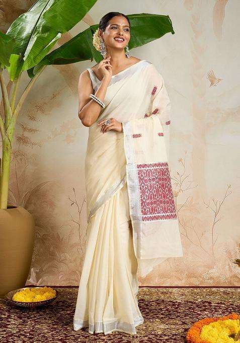 Off White Woven Design Cotton Saree Set for Diwali and Festive Wear
