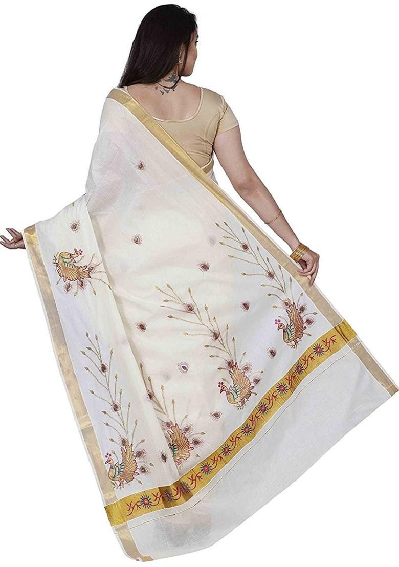 Off White Woven Design Cotton Saree Set - Indya