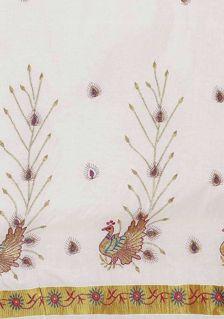 Off White Woven Design Cotton Saree Set for Diwali and Festive Wear - Indya