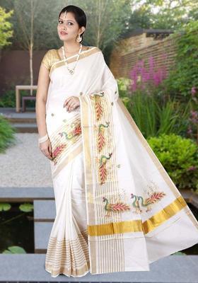 Off White Embroidered Cotton Saree Set