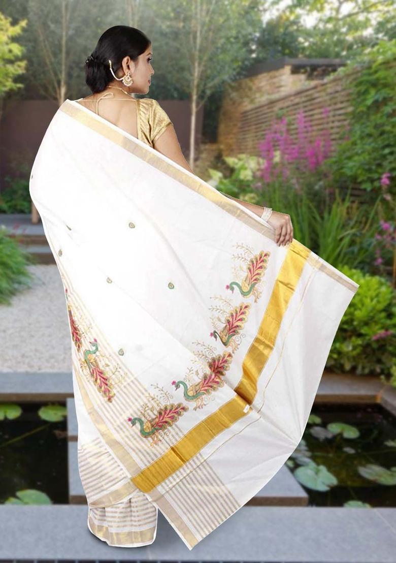 Off White Embroidered Cotton Saree Set - Indya