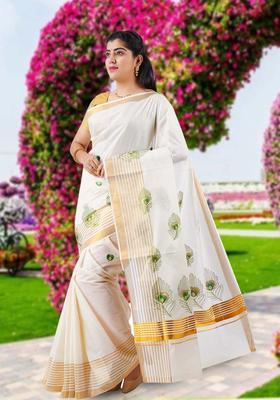 Beige Solid Cotton Saree Set