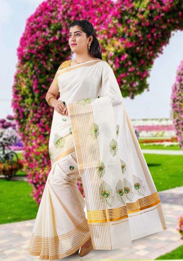 Beige Solid Cotton Saree Set for Diwali | Wedding & Festive Wear - Indya