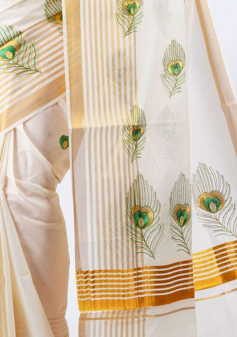 Beige Solid Cotton Saree Set for Diwali | Wedding & Festive Wear - Indya