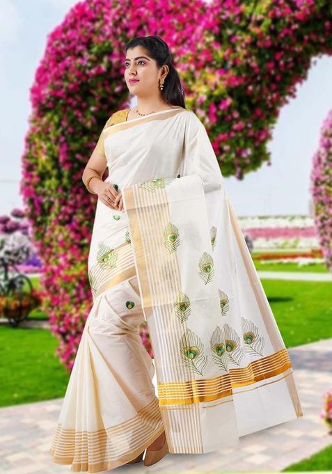 Beige Solid Cotton Saree Set