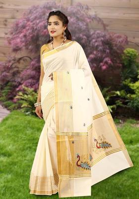 Off White Woven Design Cotton Saree Set