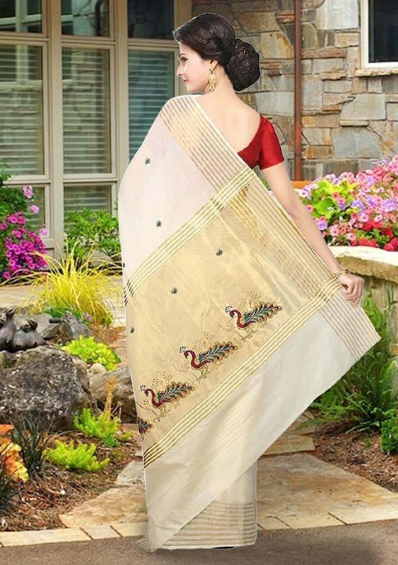 Off White Woven Design Cotton Saree Set - Indya