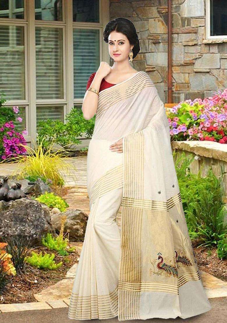 Off White Woven Design Cotton Saree Set for Diwali and Festive Wear - Indya