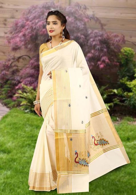 Off White Woven Design Cotton Saree Set