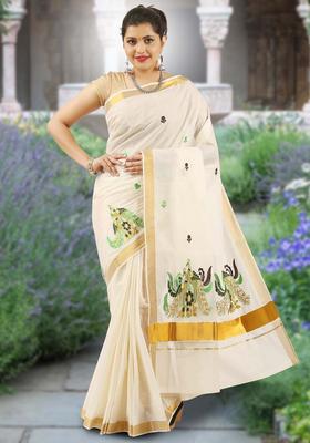 Off White Embroidered Cotton Saree Set