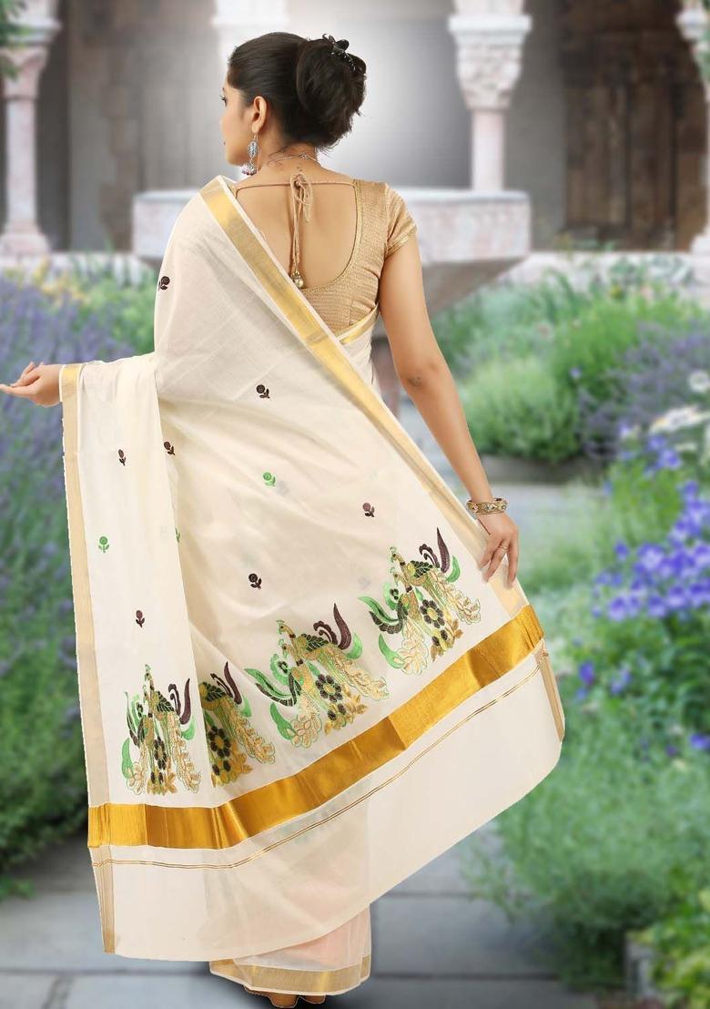 Off White Embroidered Cotton Saree Set - Indya