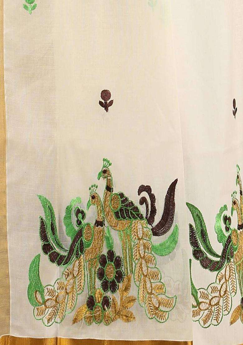 Off White Cotton Saree Set with Embroidered for Diwali | Wedding & Festive Wear - Indya