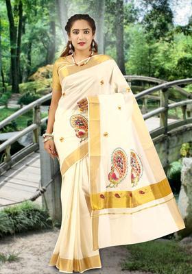 Off White Woven Design Cotton Saree Set