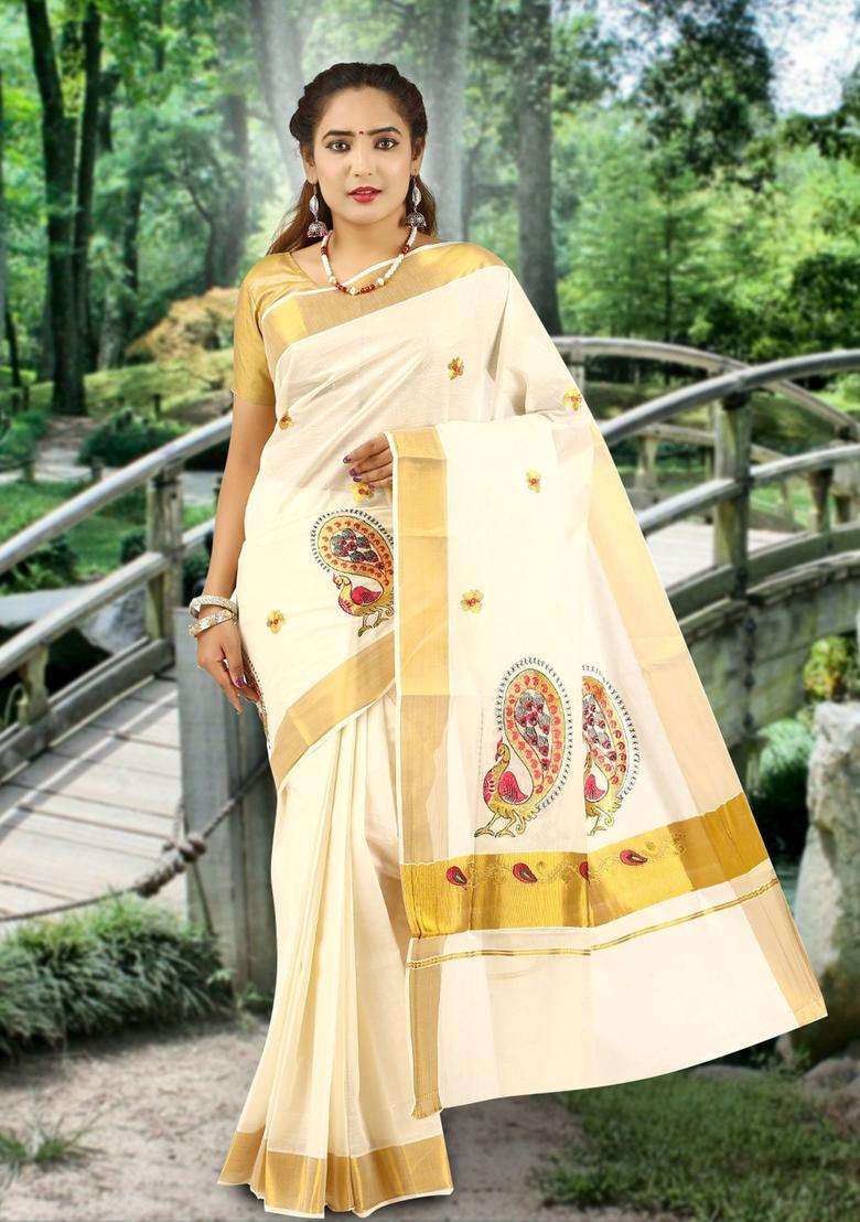 Off White Woven Design Cotton Saree Set for Diwali and Festive Wear - Indya
