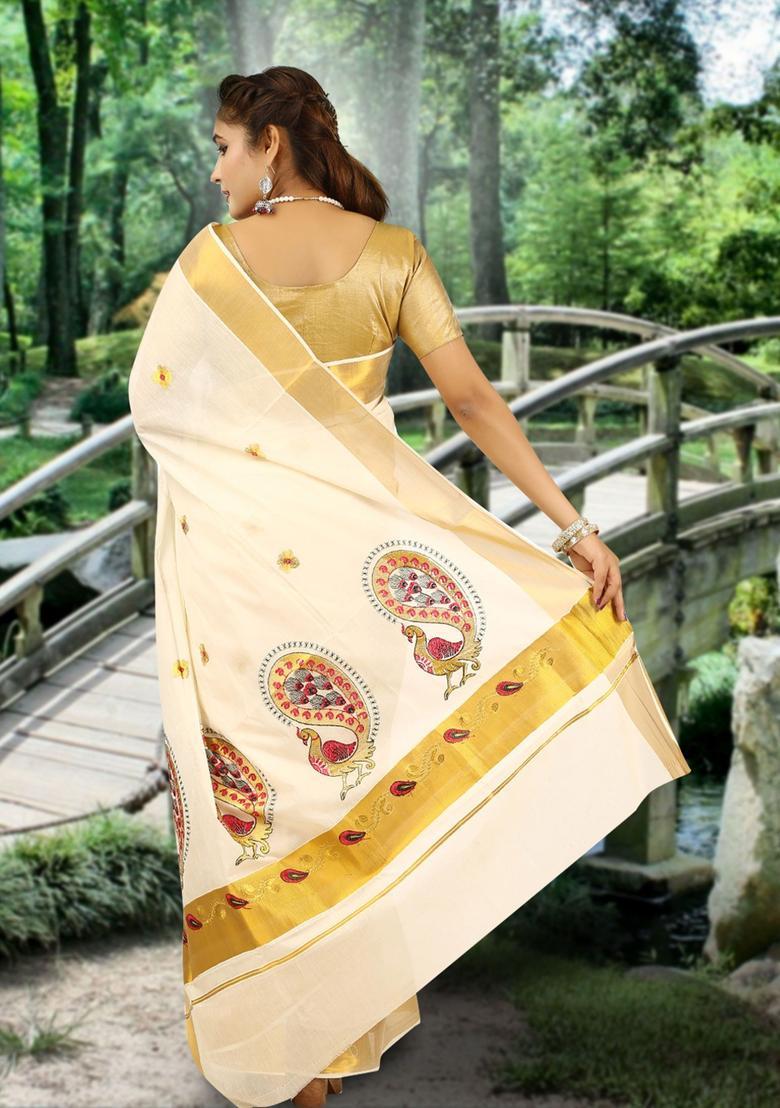 Off White Woven Design Cotton Saree Set - Indya
