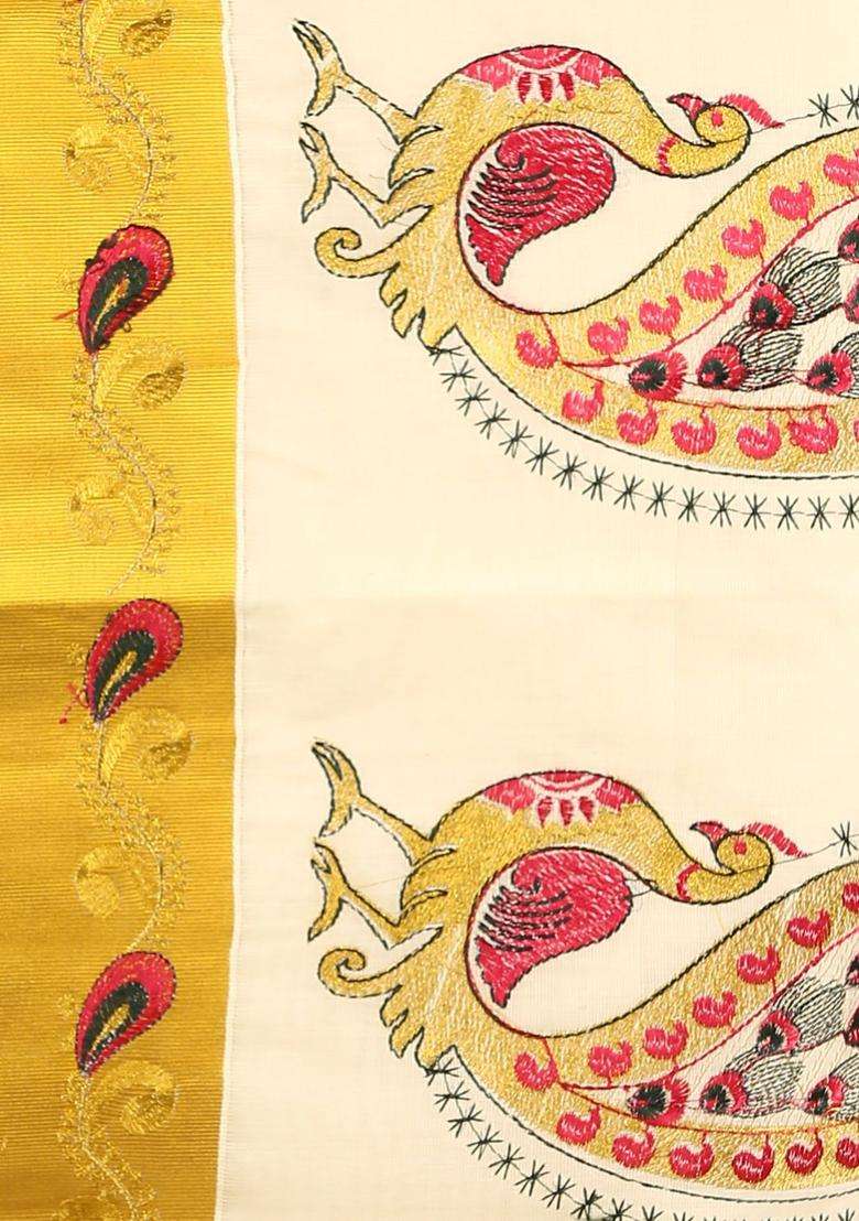 Off White Woven Design Cotton Saree Set for Diwali and Festive Wear - Indya