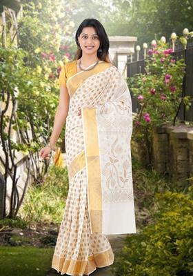 Off White Woven Design Cotton Saree Set