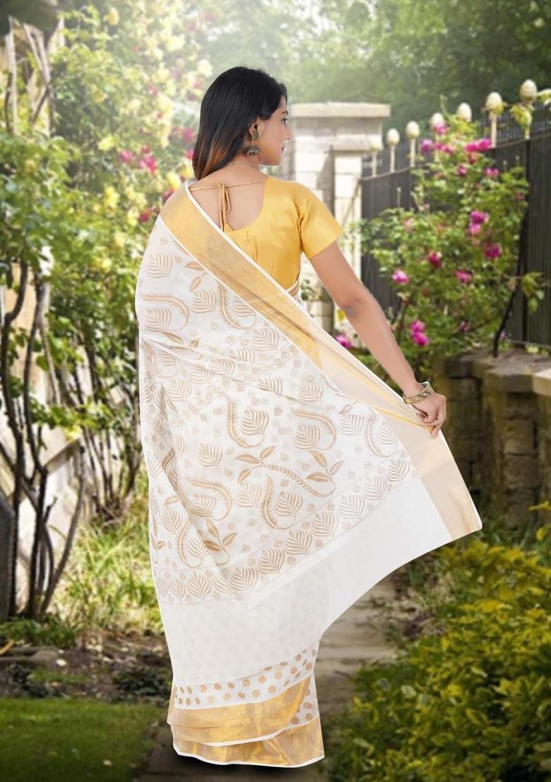 Off White Woven Design Cotton Saree Set - Indya