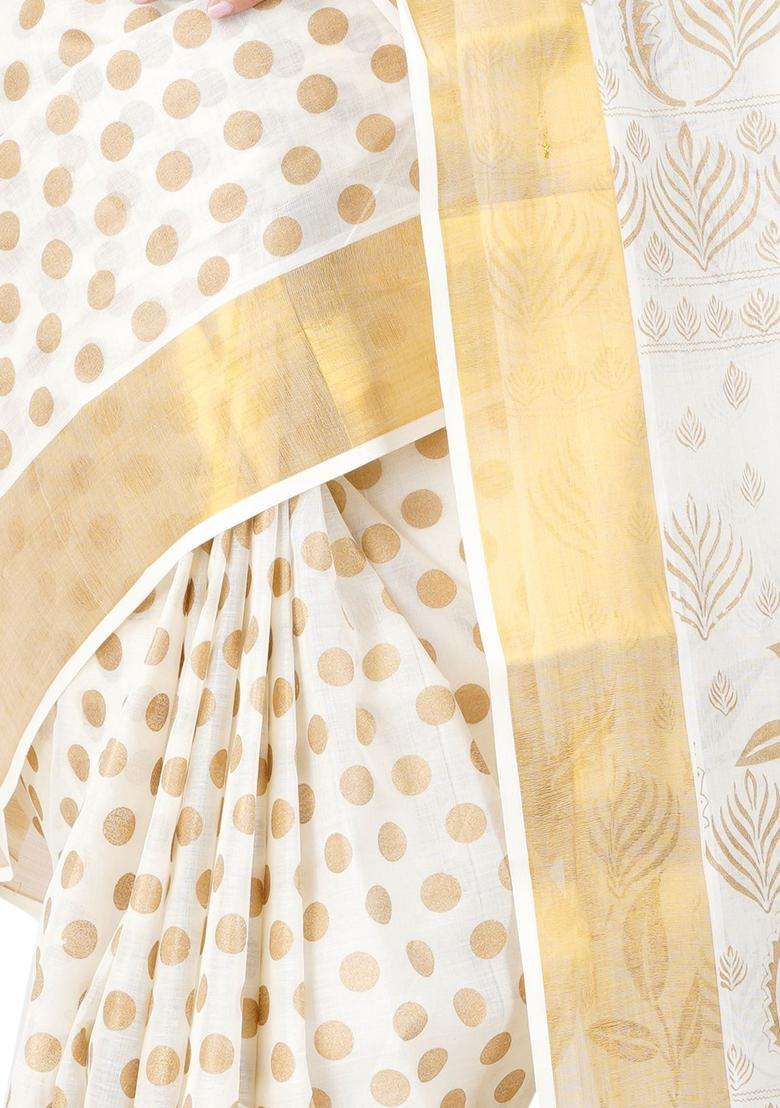 Off White Woven Design Cotton Saree Set for Diwali | Wedding & Festive Wear - Indya