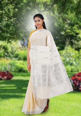 Off White Solid Cotton Saree Set