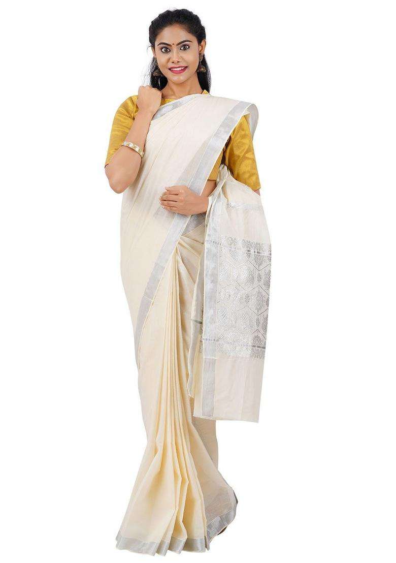 Off White Solid Cotton Saree Set for Diwali and Festive Wear - Indya