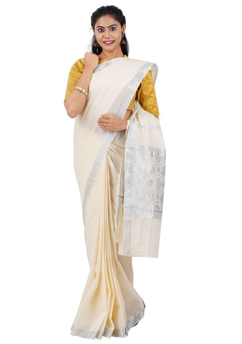 Off White Solid Cotton Saree Set - Indya