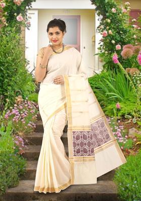 Off White Woven Design Cotton Saree Set