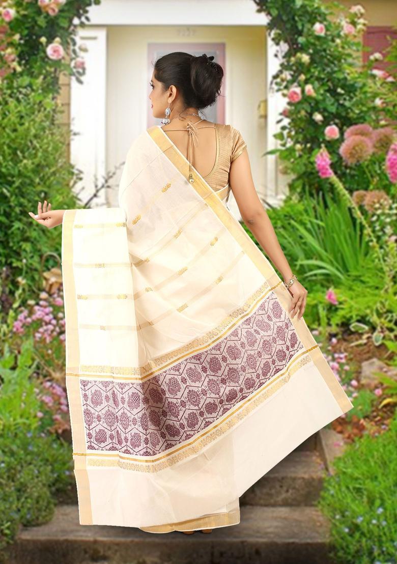 Off White Woven Design Cotton Saree Set - Indya