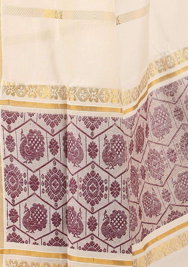 Off White Woven Design Cotton Saree Set for Diwali and Festive Wear - Indya