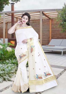 Off White Solid Cotton Saree Set