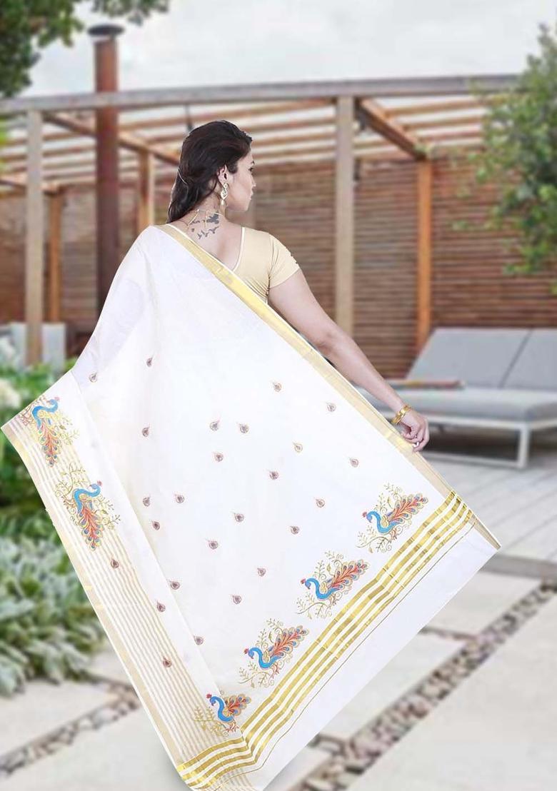 Off White Solid Cotton Saree Set - Indya