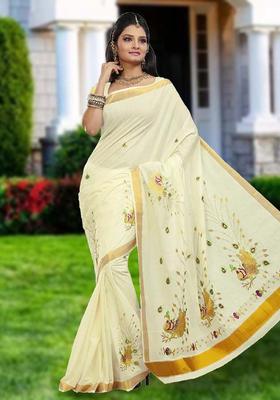 Off White Embroidered Cotton Saree Set