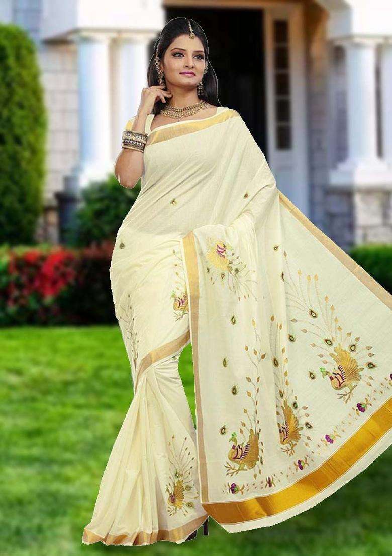 Off White Cotton Saree Set with Embroidered for Diwali | Wedding & Festive Wear - Indya
