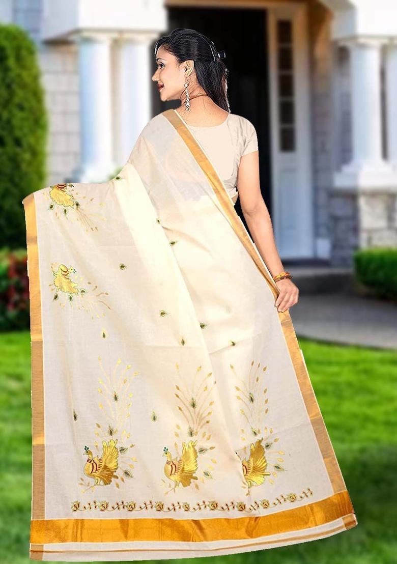 Off White Embroidered Cotton Saree Set - Indya