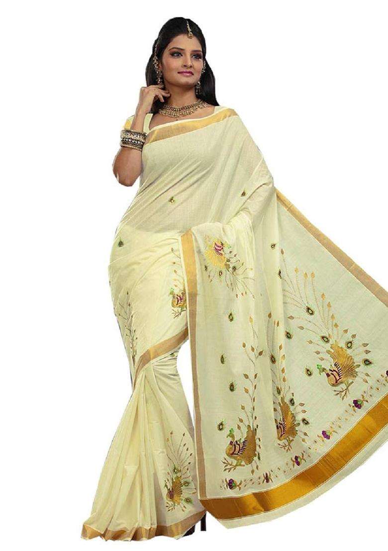 Off White Cotton Saree Set with Embroidered for Diwali | Wedding & Festive Wear - Indya