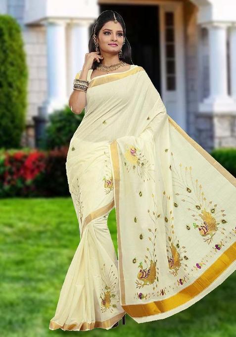 Off White Embroidered Cotton Saree Set