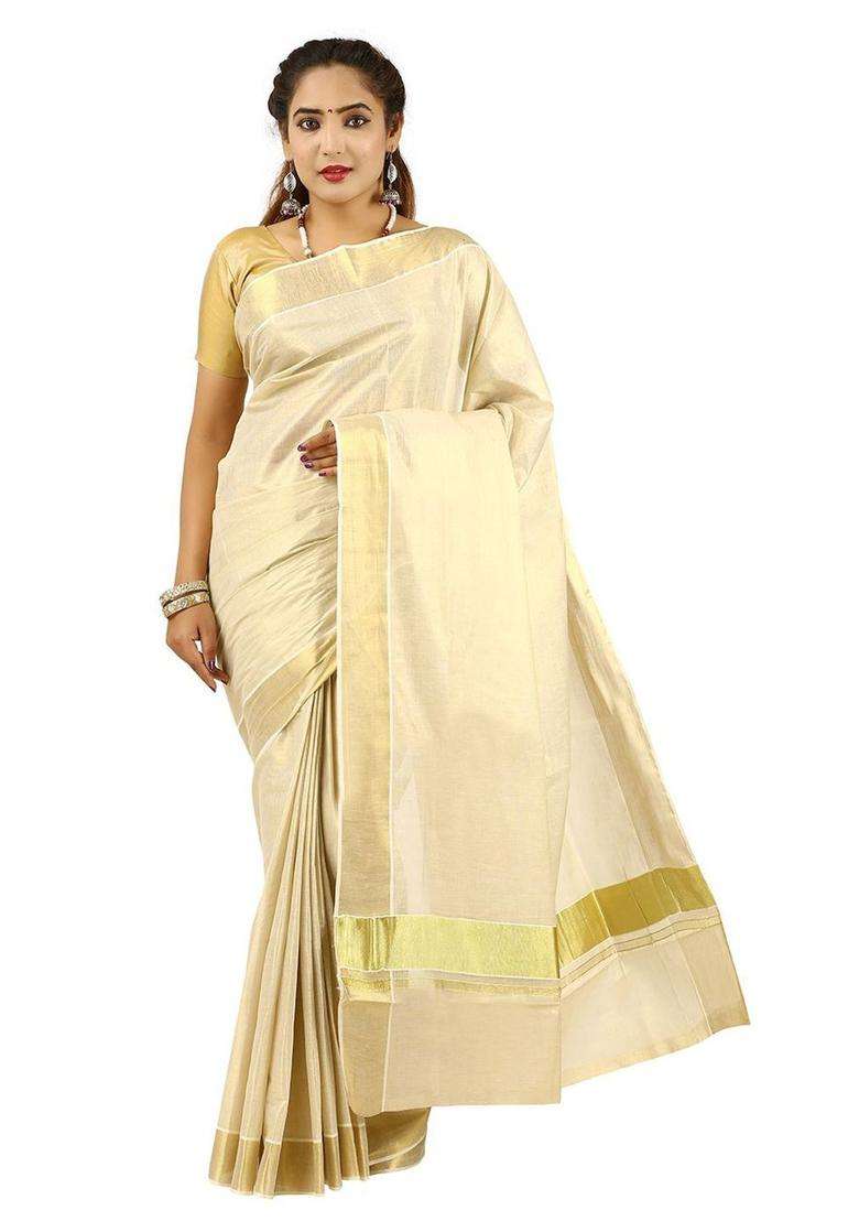 Off White Solid Cotton Saree Set for Diwali and Festive Wear - Indya