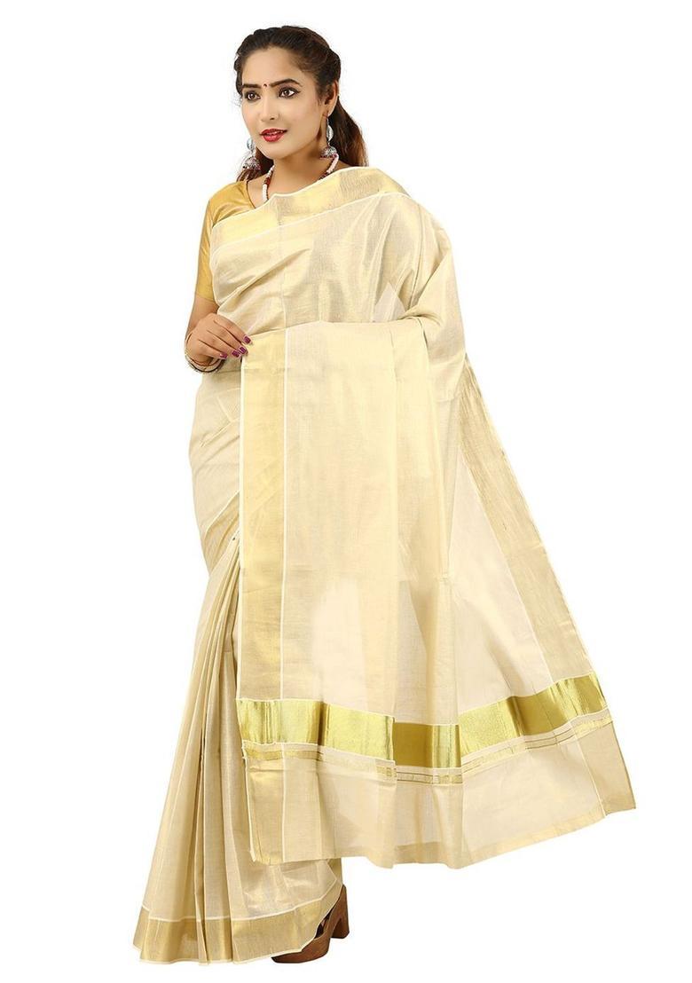 Off White Solid Cotton Saree Set - Indya