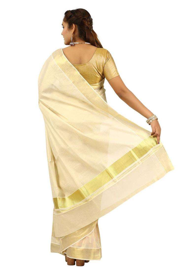 Off White Solid Cotton Saree Set for Diwali and Festive Wear - Indya