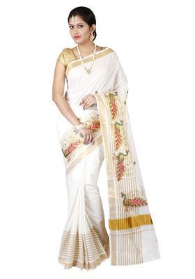 Off White Embroidered Cotton Saree Set