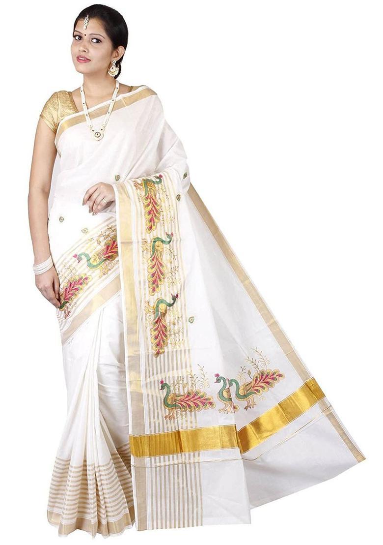Off White Embroidered Cotton Saree Set - Indya