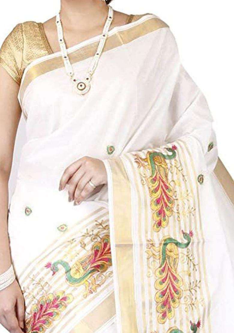 Off White Embroidered Cotton Saree Set for Diwali and Festive Wear - Indya