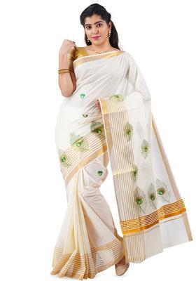 Off White Woven Design Cotton Saree Set